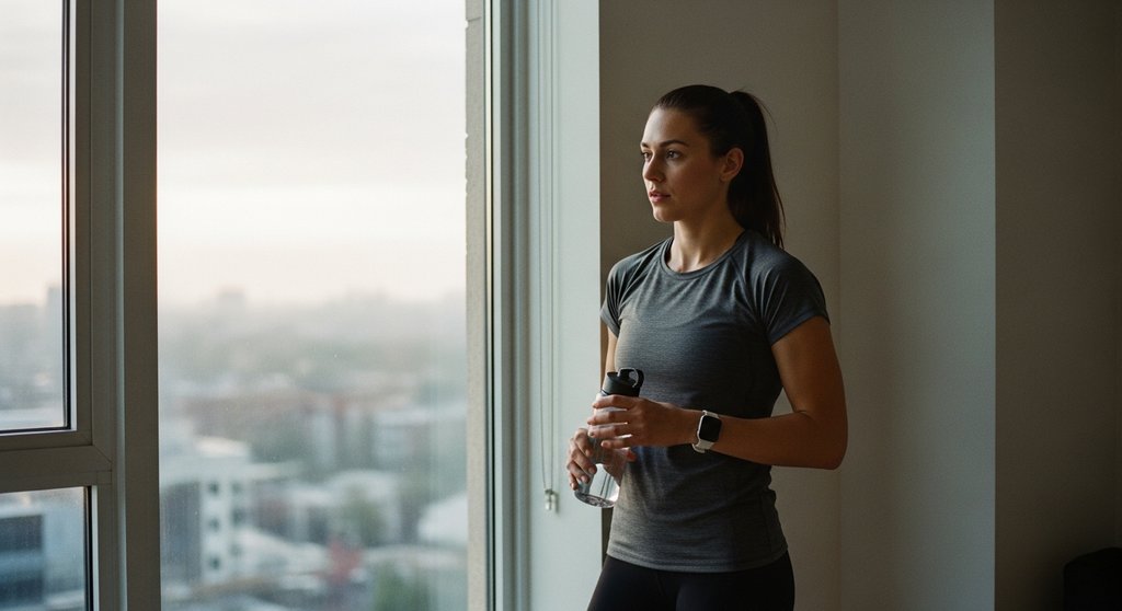 Nachdenkliche Person vor dem HIIT-Workout auf nüchternen Magen am Morgen.