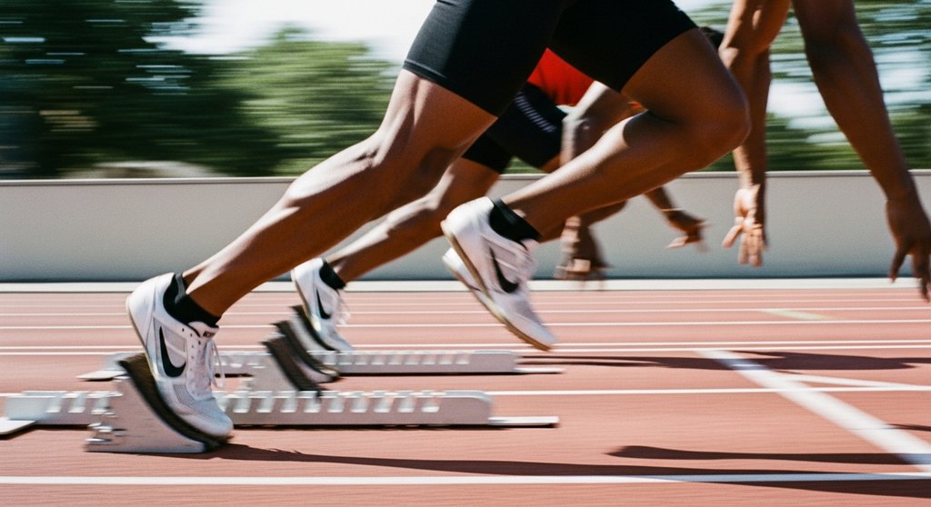 Nahaufnahme der Beine eines Sprinters beim Start für ein intensives Intervalltraining.