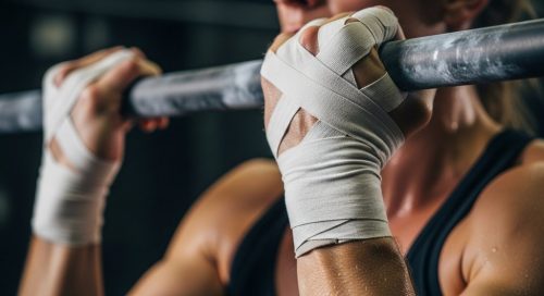Nahaufnahme von getapten Händen, die eine Klimmzugstange im Crosstraining umgreifen, um Risse zu vermeiden. Nahaufnahme von getapten Händen, die eine Klimmzugstange im Crosstraining umgreifen, um Risse zu vermeiden.