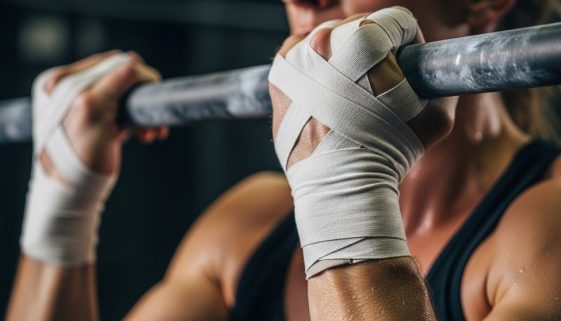 Nahaufnahme von getapten Händen, die eine Klimmzugstange im Crosstraining umgreifen, um Risse zu vermeiden.