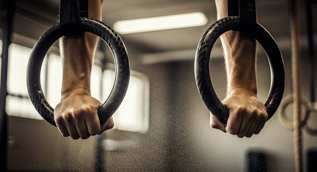 Hände eines Athleten mit Carbon Crosstraining Handschuhen (Grips) bei einem Muscle-up.