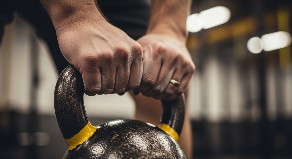 Hände mit Kreide greifen eine Kettlebell für das HIIT mit Equipment.