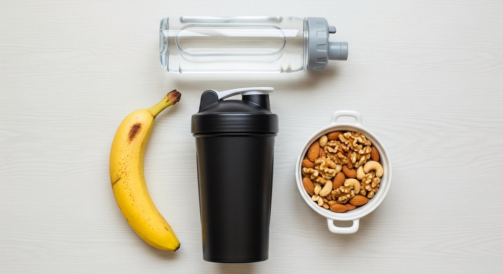 Nährstoffreiche Lebensmittel und ein Protein-Shake zur Regeneration nach dem Sport.