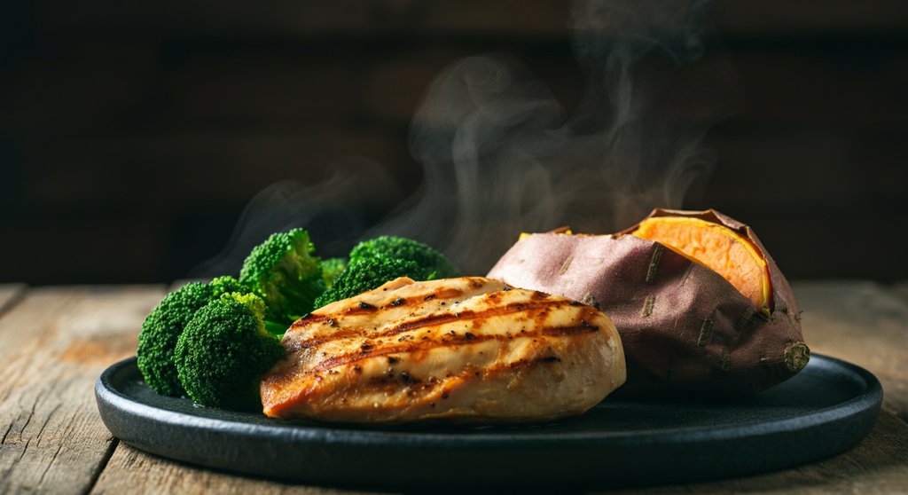 Perfekte Mahlzeit nach dem WOD mit HĂ€hnchen, SĂŒĂkartoffel und Brokkoli.