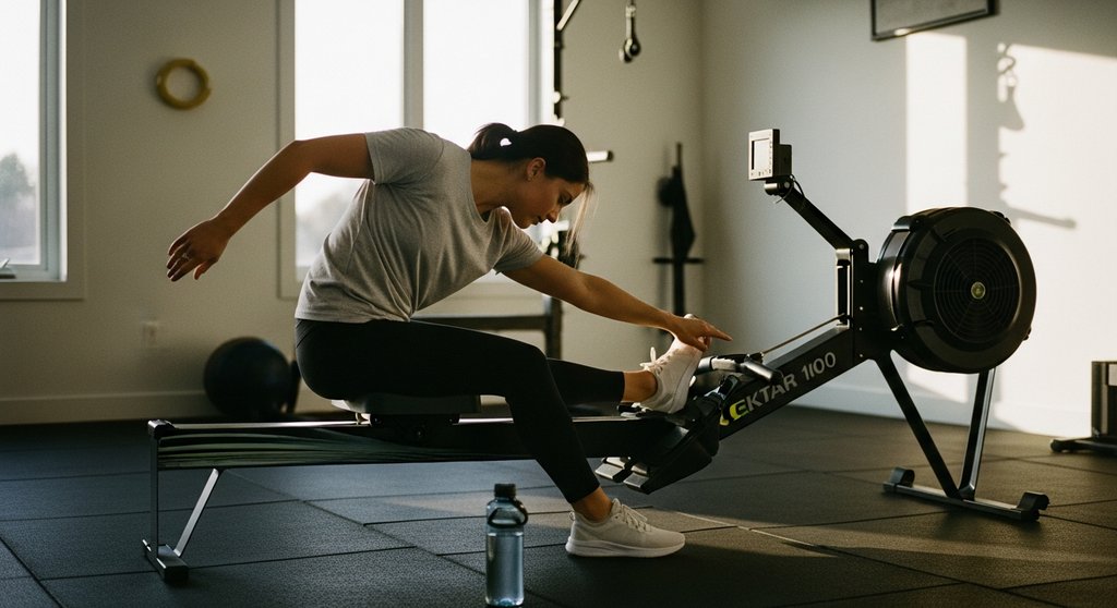 Sportler beim Dehnen nach dem HIIT am RudergerĂ€t fĂŒr eine bessere Regeneration.