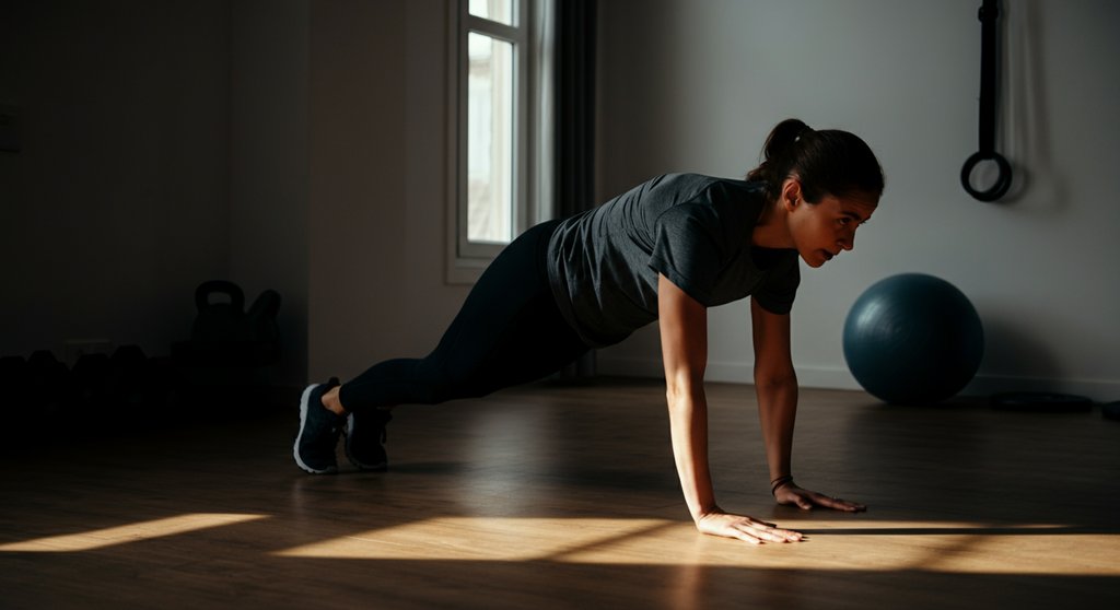 Person führt eine Burpee-Übung aus einem HIIT Guide für das Training zuhause durch.