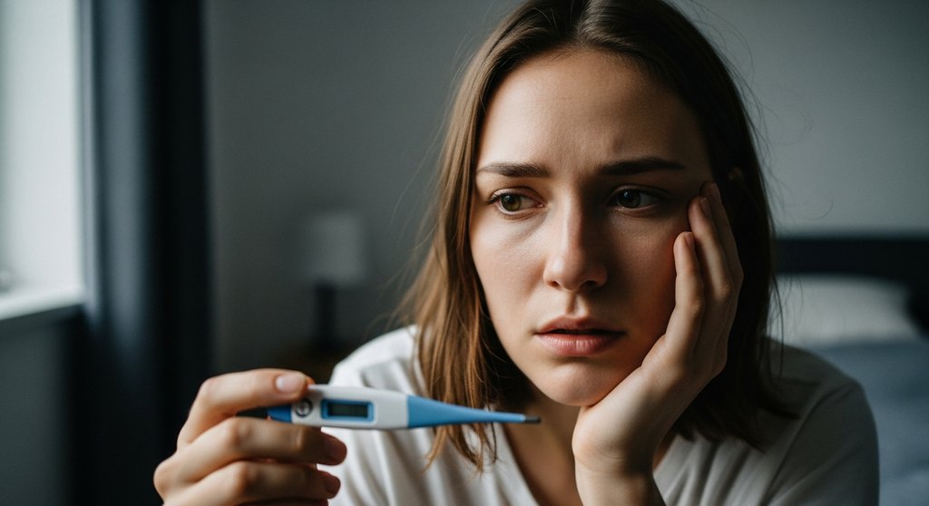 Person mit Fieberthermometer als Symbol für ein geschwächtes Immunsystem durch Übertraining.