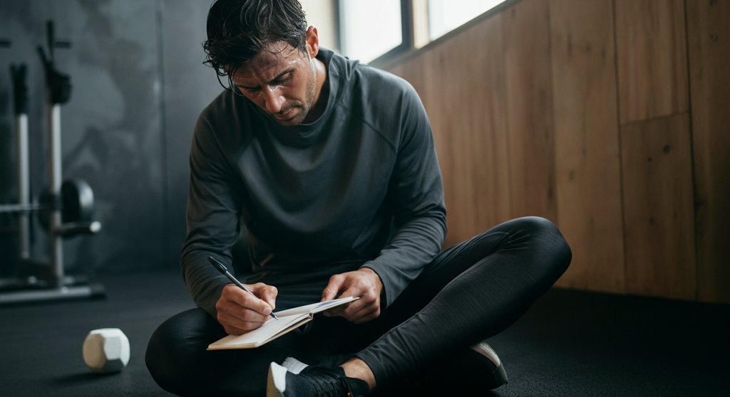 Person notiert Ergebnisse vom Crosstraining zuhause in einem Trainingstagebuch.