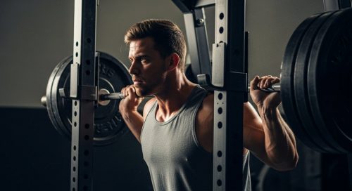 Powerbuilding Trainingsplan für Kraft und Muskelwachstum – ein Athlet bereitet sich auf eine schwere Kniebeuge vor. High resolution photography of a focused male athlete in a dimly lit, gritty gym, chalk dust in the air. He's standing in front of a squat rack with a heavily loaded barbell on his shoulders, his face a mask of concentration. The shot is a medium shot, from the waist up, capturing the tension in his upper body and the determination in his eyes. Use a shallow depth of field to blur the background slightly, emphasizing the subject. The lighting should be dramatic, with strong side light creating highlights and shadows that define his musculature. Style: Kodak Portra 400 style, slight film grain, true-to-life colors, visible skin texture.