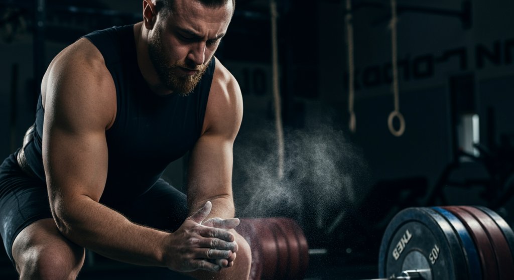 Powerlifter bereitet sich mit Kreide auf einen schweren Deadlift vor im Crosstraining vs Powerlifting Vergleich.