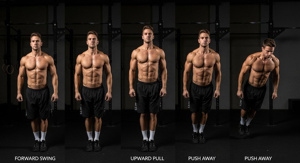 Schritt-für-Schritt-Anleitung der Butterfly Pull Up Bewegung in fünf Phasen.