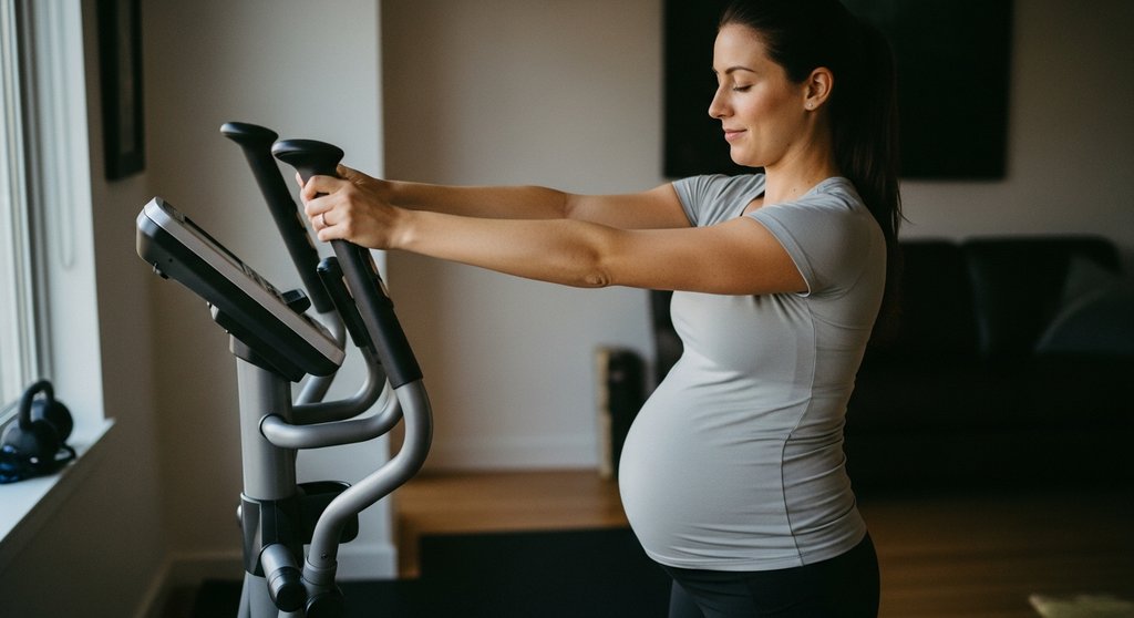 Schwangere Frau beim sanften Dehnen nach dem Crosstrainer-Workout im dritten Trimester.