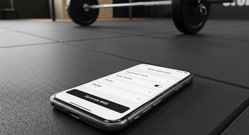 Smartphone-Bildschirm mit den Filteroptionen einer Crosstraining WOD Generator App.