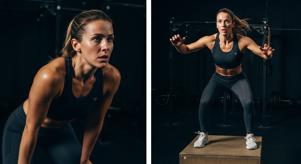 Split-Screen-Bild einer Frau, die die Extreme von Erschöpfung in der Pause und Kraft im HIIT-Intervall zeigt.