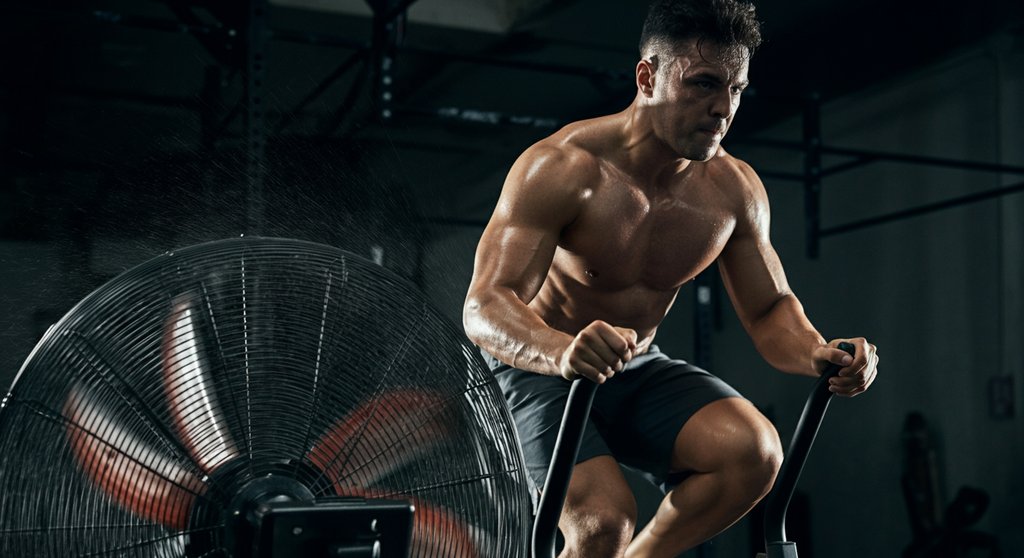 Sportler beim extrem zeiteffizienten REHIT Protokoll mit einem All-Out-Sprint auf dem Assault Bike.