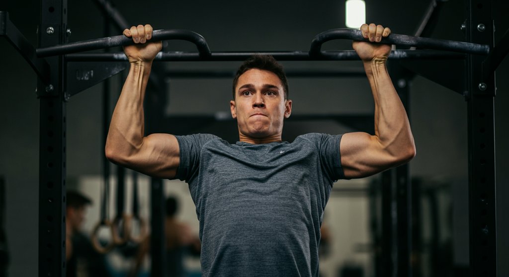 Sportler demonstriert das aktive Hängen an der Stange als Voraussetzung für den Kipping Pull Up.