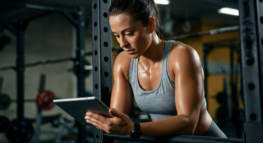 Sportlerin plant ihren Supersätze Trainingsplan im Fitnessstudio für maximalen Muskelaufbau.