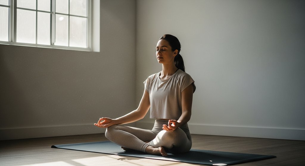Sportlerin praktiziert Meditation zur Cortisol-Senkung und Regeneration nach dem Training.