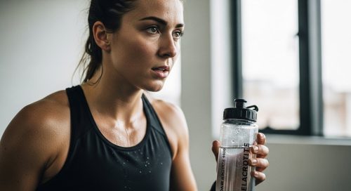 Sportlerin trinkt nach einem intensiven HIIT Training einen Elektrolytdrink zur Hydratation.