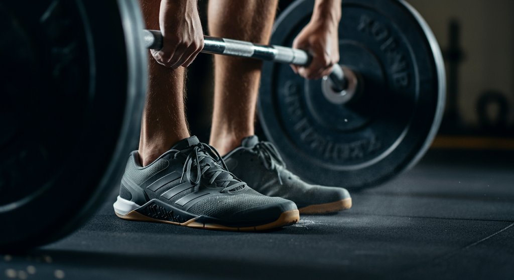 Stabiler Metcon Schuh sorgt für festen Stand bei einem schweren Deadlift im Training.