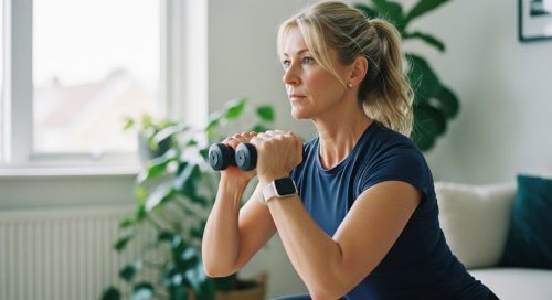 Starke Frau um die 50 macht HIIT-Training in den Wechseljahren zu Hause. Starke Frau um die 50 macht HIIT-Training in den Wechseljahren zu Hause.