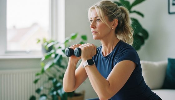 Starke Frau um die 50 macht HIIT-Training in den Wechseljahren zu Hause.