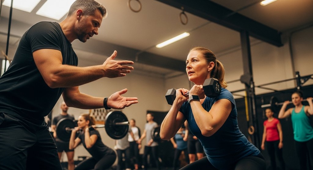 Trainer hilft einer Anfängerin bei der Kniebeuge in einer Crosstraining-Stunde.