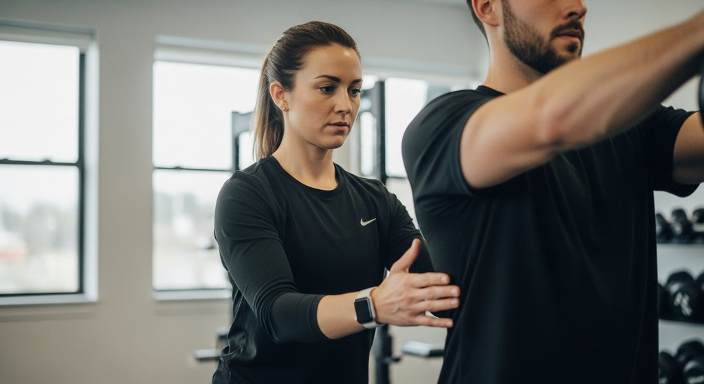 Eine Trainerin hilft einem Athleten beim Crosstraining, das für andere Sportler die Leistung steigert.