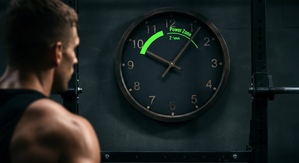 Uhr in einer Sporthalle symbolisiert den perfekten Zeitpunkt zum Essen vor dem WOD.