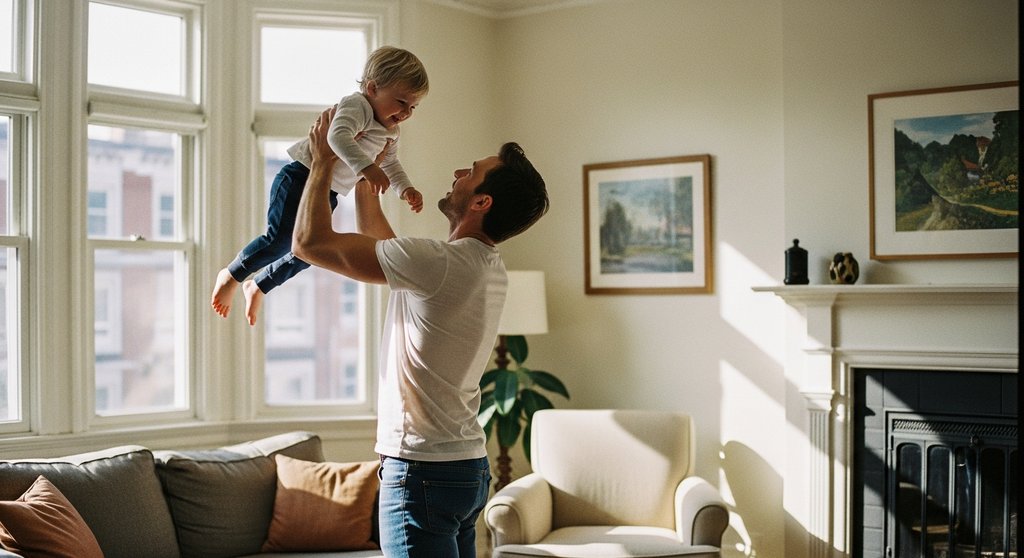 Vater mit starkem Rücken hebt sein Kind dank funktionalem Training mühelos hoch.