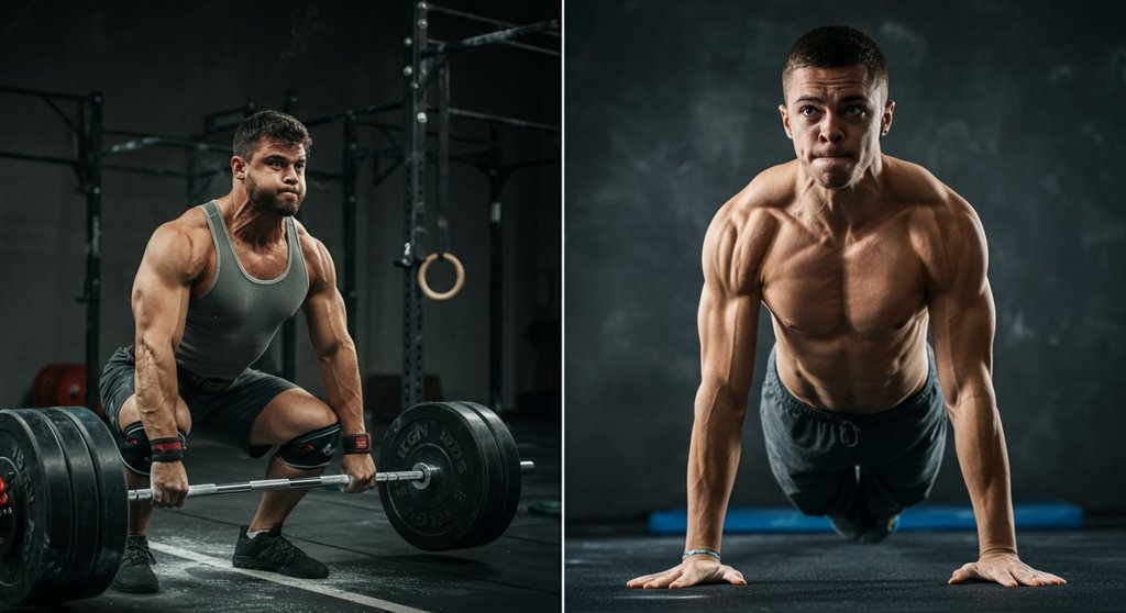 Vergleich der Statur bei Crosstraining vs Calisthenics: athletischer Körperbau vs. definierte Muskeln.