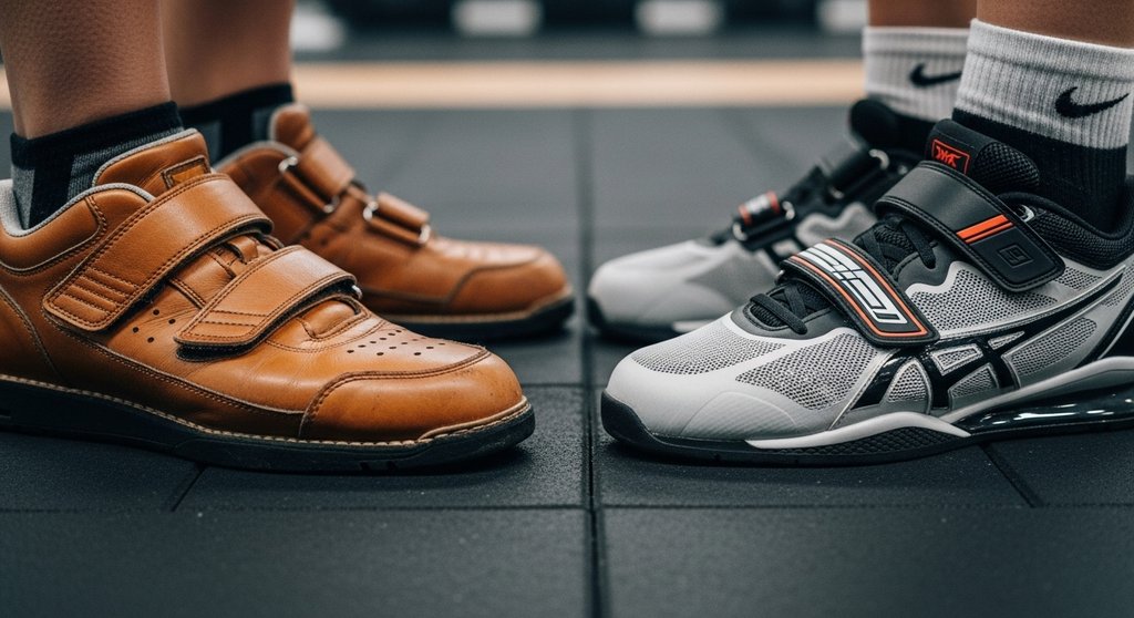 Vergleich von Leder- und Synthetik-Gewichtheberschuhen mit Fokus auf Material.