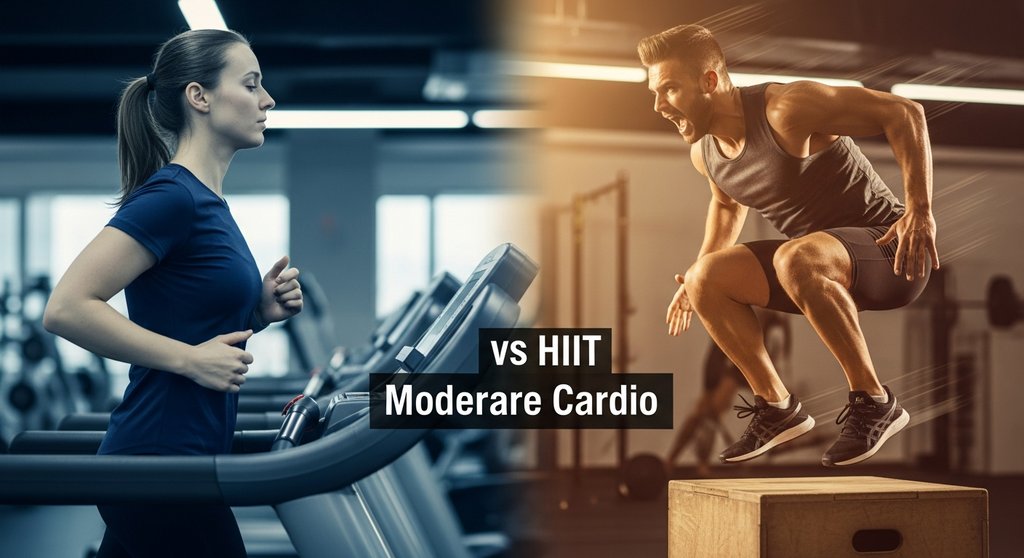 Vergleich zwischen einem Läufer auf dem Laufband und einem Athleten beim HIIT-Box-Jump. A creative split-screen image. On the left side, a person is running on a treadmill with a monotonous expression, captured in cool, blueish tones. The scene is static and clean. On the right side, an athlete is captured mid-air during a powerful box jump, body tensed, with an expression of intense effort. This right side is filled with warm, golden light and subtle motion blur, conveying energy and dynamism. Shot on a high-resolution camera, Kodak Portra 400 style, shallow depth of field on the right side to emphasize the athlete. → Visueller Vergleich: Der Kalorienverbrauch von HIIT im Vergleich zu moderatem Cardio.
