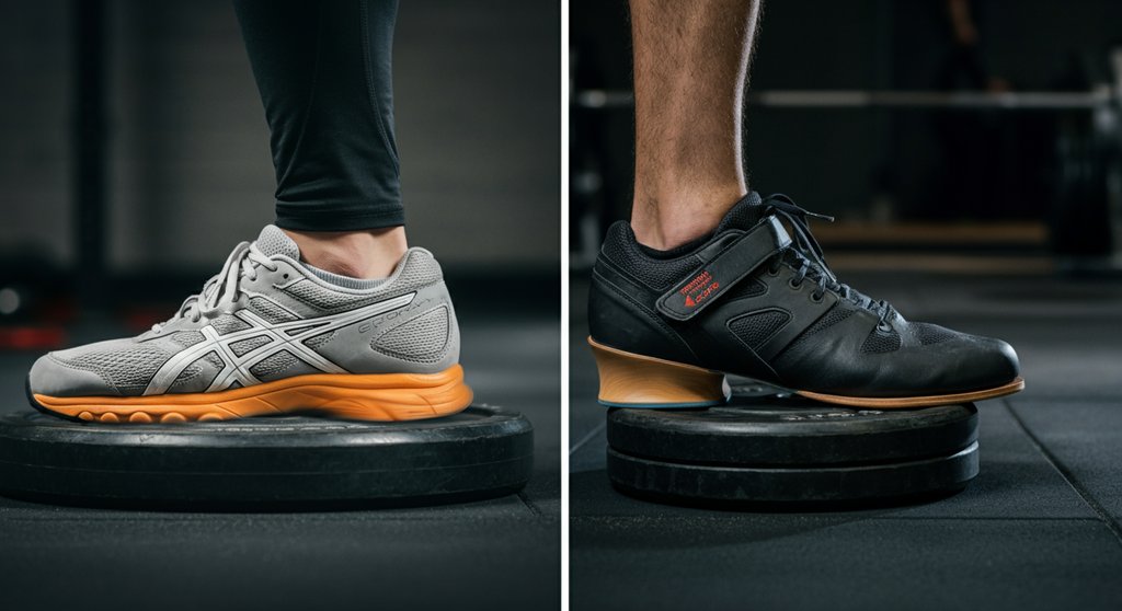 Vergleich zwischen weicher Sohle und stabiler Sohle eines Gewichtheberschuhs unter Last