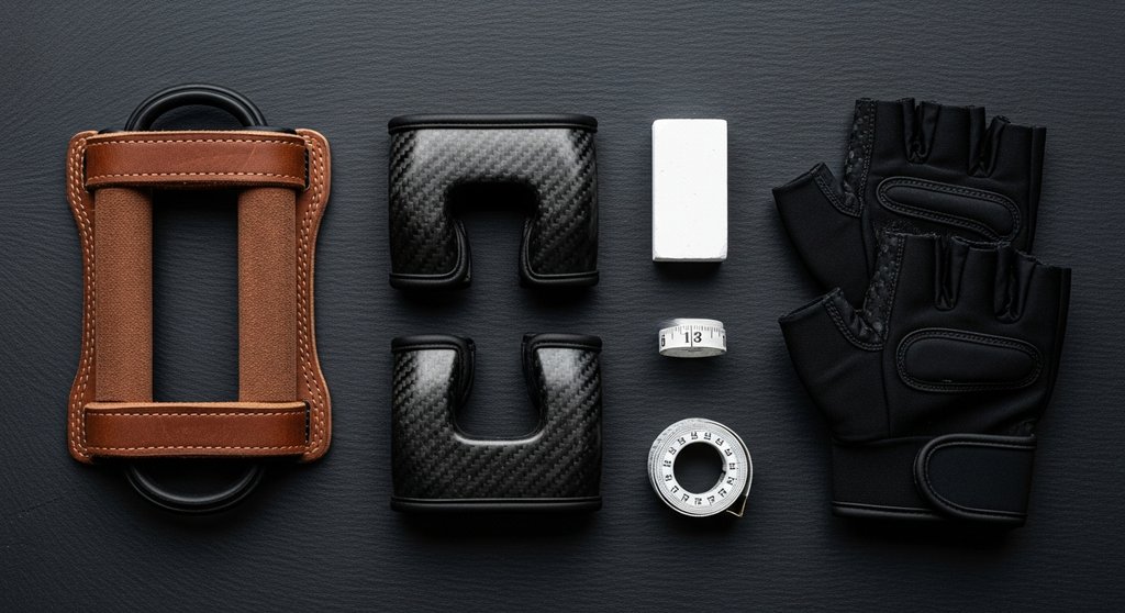 Verschiedene Crosstraining Handschuhe: Leder-Grips, Carbon-Grips und klassische Handschuhe.