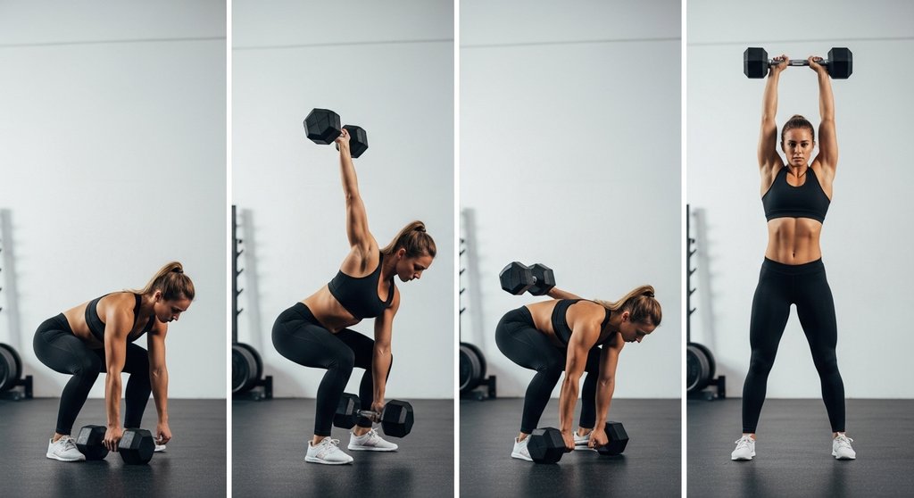 Vier Phasen des Dumbbell Snatch in einer Fotosequenz.
