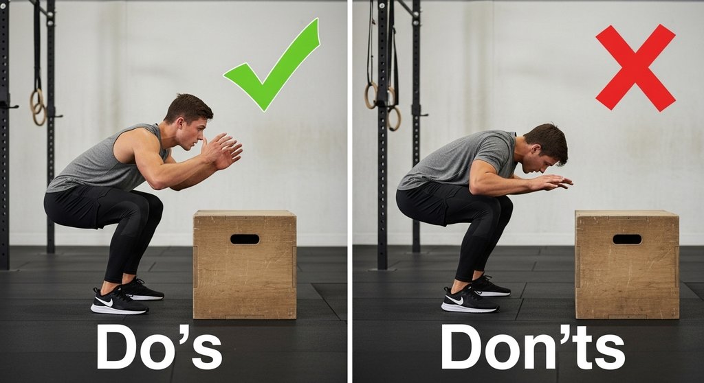 Visueller Vergleich der korrekten und falschen Technik bei Box Jumps.