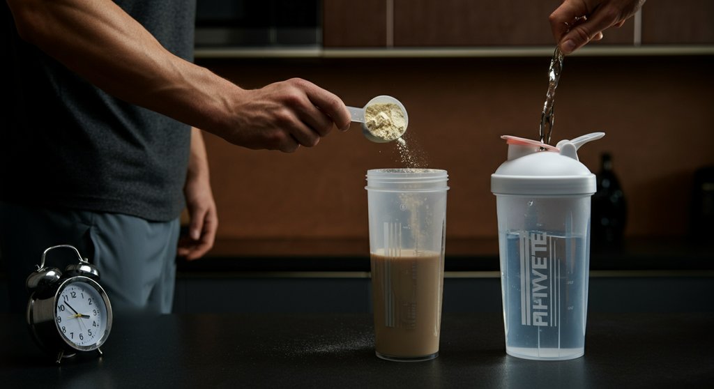 Zubereitung eines Whey Protein Shakes für CrossTraining zur Einnahme im anabolen Fenster.