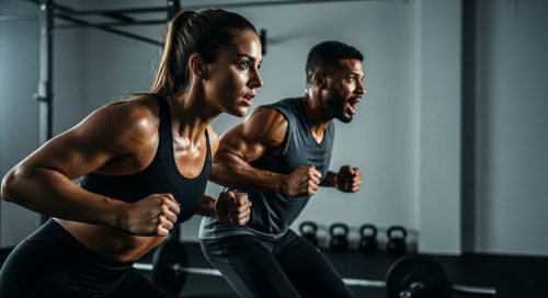 Zwei Athleten bei einem intensiven Metcon Training zur Steigerung ihrer Fitness.