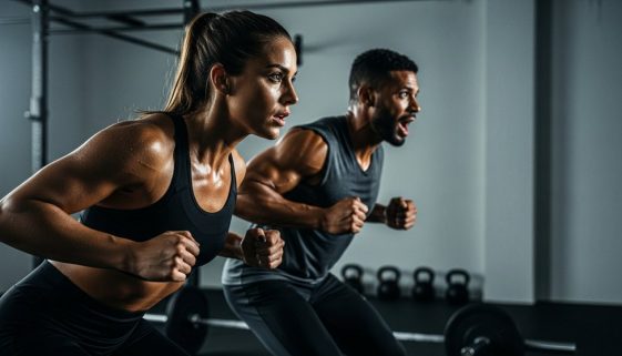 Zwei Athleten bei einem intensiven Metcon Training zur Steigerung ihrer Fitness.