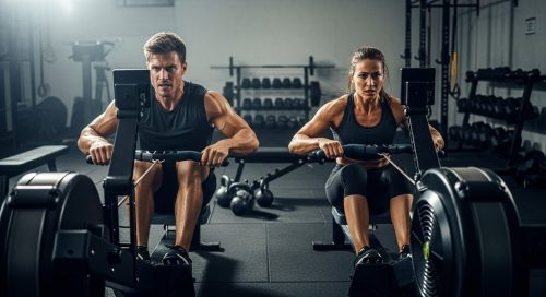Zwei Athleten demonstrieren die korrekte Rudertechnik im Crosstraining.