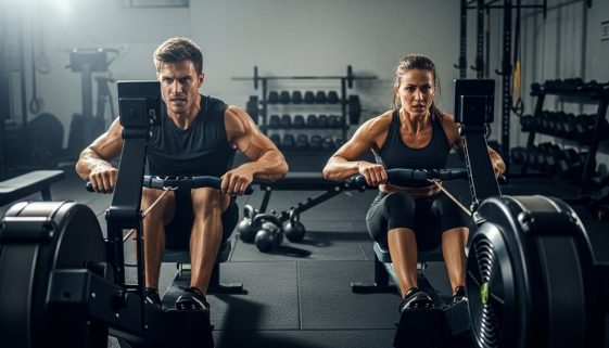 Zwei Athleten demonstrieren die korrekte Rudertechnik im Crosstraining.