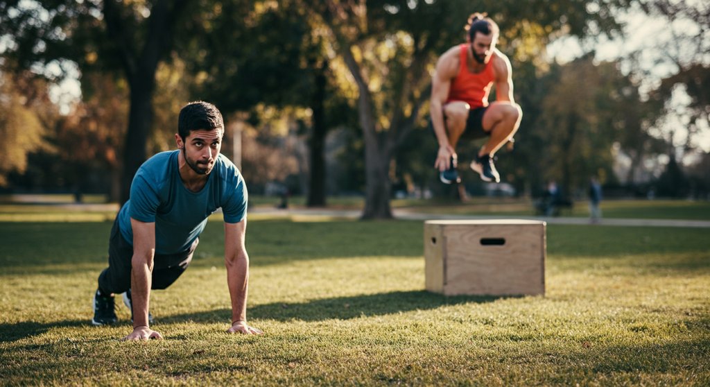 Zwei Athleten führen eine skalierte Burpee Technik für Anfänger und eine für Profis aus.