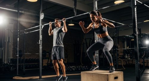 Zwei Athleten in funktionaler Crosstraining Kleidung während eines intensiven Workouts. Zwei Athleten in funktionaler Crosstraining Kleidung während eines intensiven Workouts.