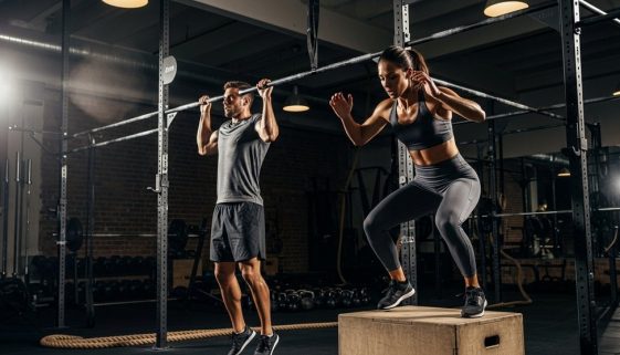 Zwei Athleten in funktionaler Crosstraining Kleidung während eines intensiven Workouts.