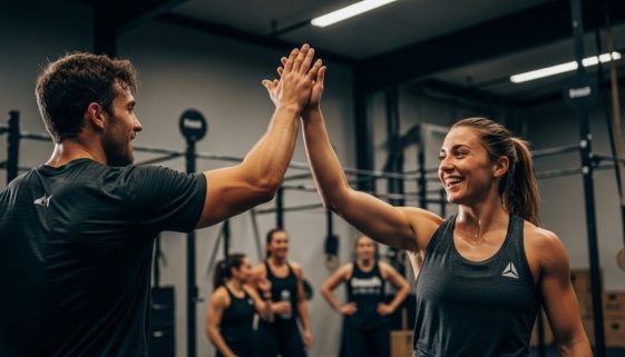 Zwei Athleten klatschen sich in einer Crosstraining-Box nach einem harten Workout ab.