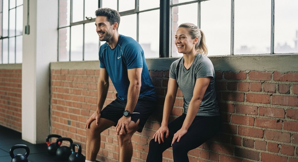 Zwei Athleten in einer kurzen Pause bei ihrem anstrengenden HIIT mit Kettlebell.