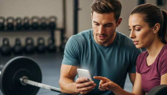 Zwei Athleten nutzen einen Crosstraining WOD Generator auf dem Smartphone in der Box.