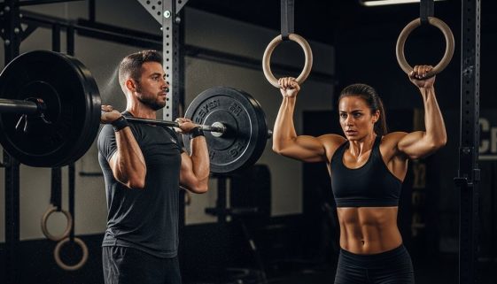 Zwei CrossTraining Athleten trainieren intensiv und symbolisieren die Leistungssteigerung durch Kreatin.