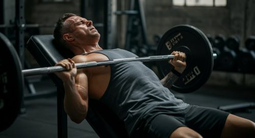 Ein Athlet in tiefer Konzentration während der kurzen Pause beim PITT Force Training an der Hantelbank. Ein Athlet in tiefer Konzentration während der kurzen Pause beim PITT Force Training an der Hantelbank.